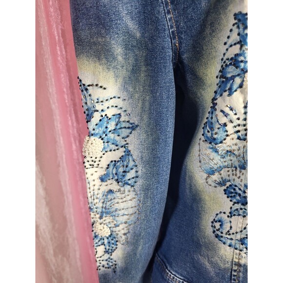 Vintage PJ Shernda Y2K Acid Wash Floral Beaded Pearl Jean Jacket Size Large - Picture 6 of 13